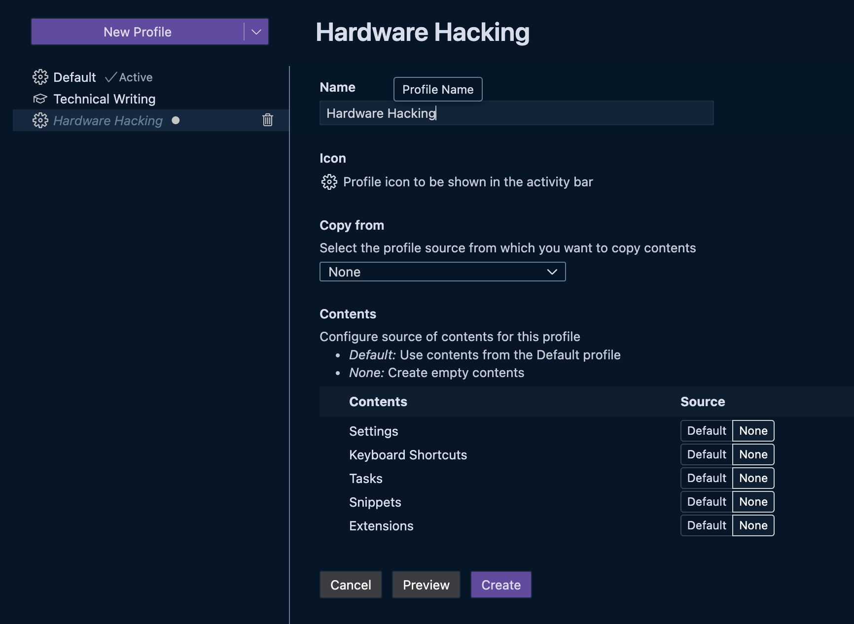 Creating a New Profile