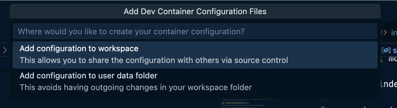 Visual Studio Code interface showing the Dev Containers command location