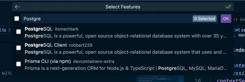 Filtered list of dev container features