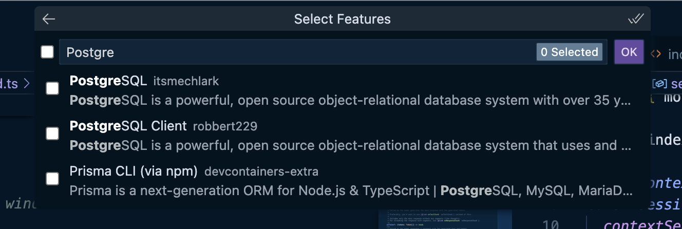 Filtered list of dev container features