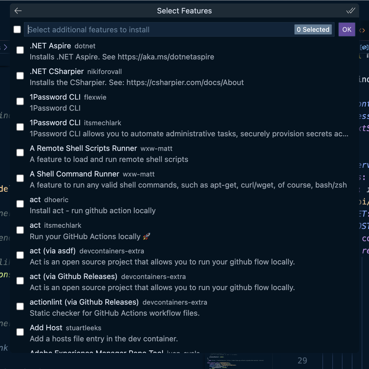 Dialog for selecting additional features for the dev container