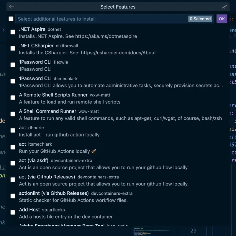 Dialog for selecting additional features for the dev container