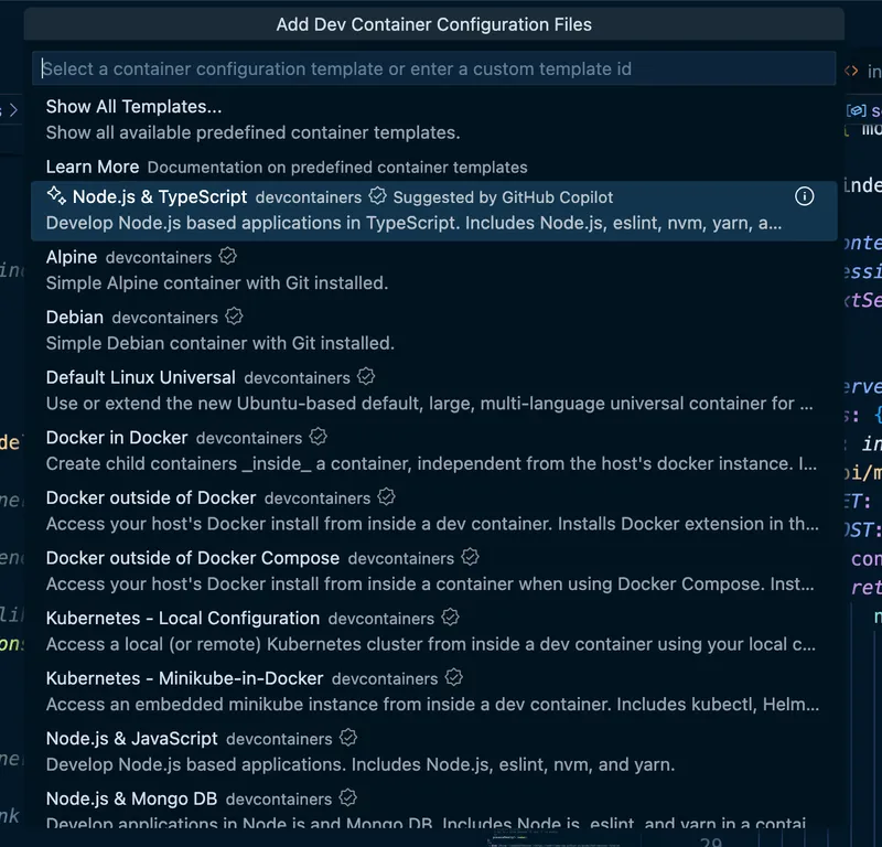 Dialog for selecting a prebuilt container configuration