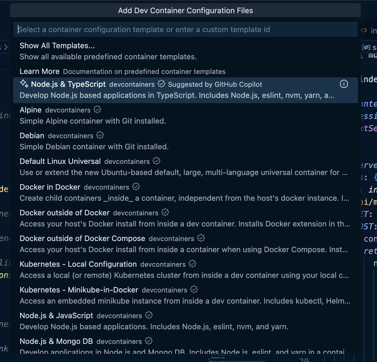 Dialog for selecting a prebuilt container configuration