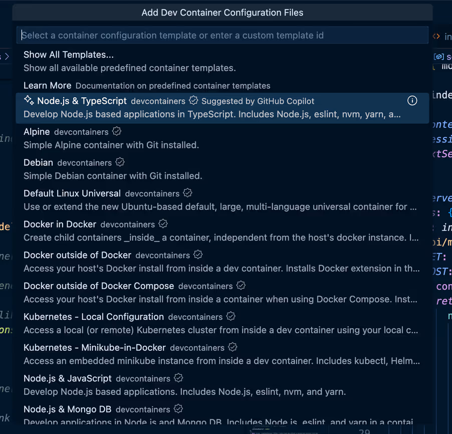 Dialog for selecting a prebuilt container configuration
