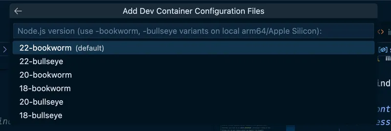 Dialog for selecting Node.js version for the container