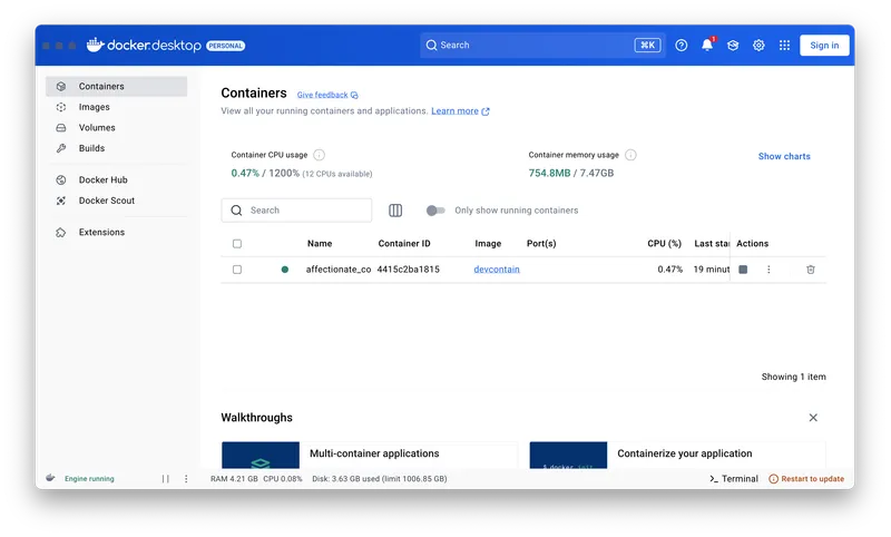 Docker Desktop showing a running container