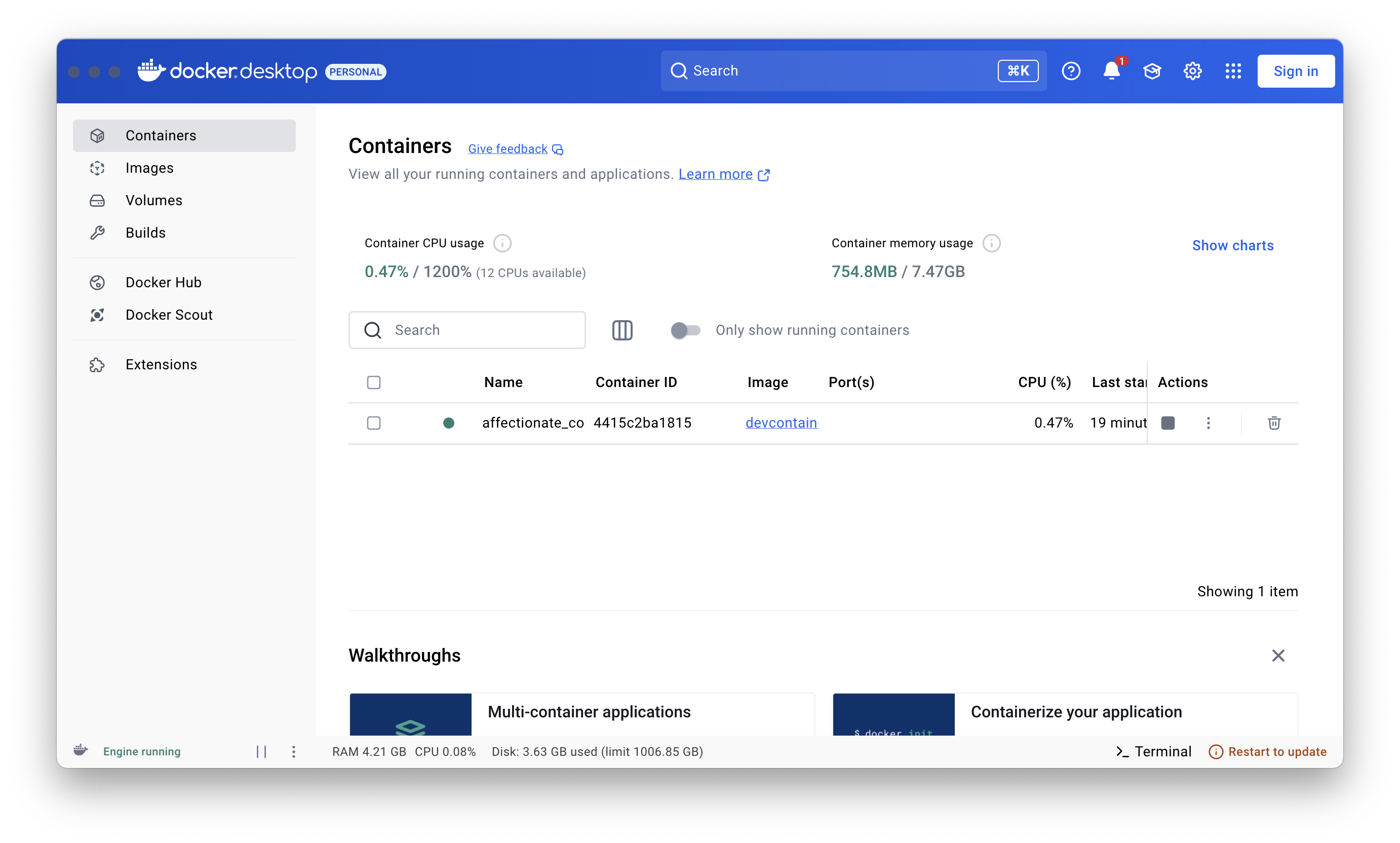 Docker Desktop showing a running container