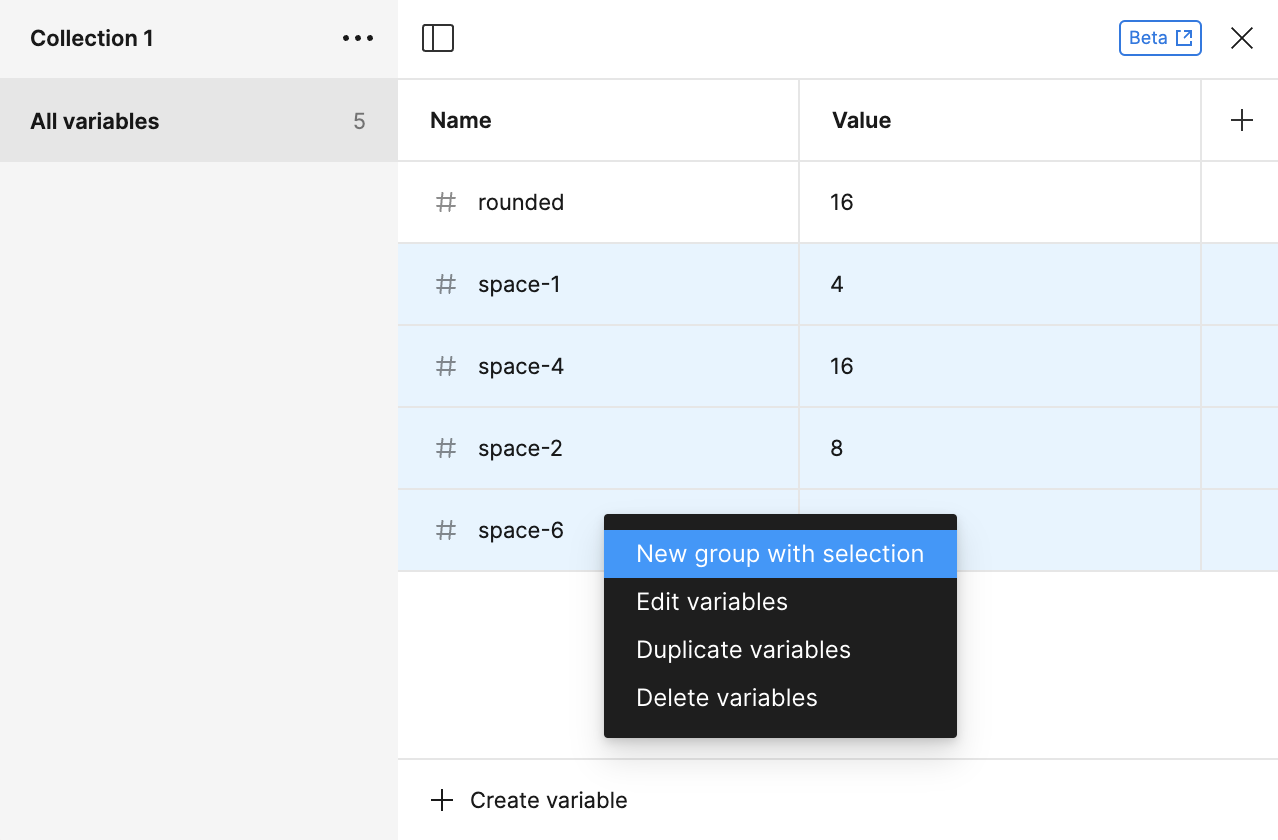 Right-click on your variables to create a new group