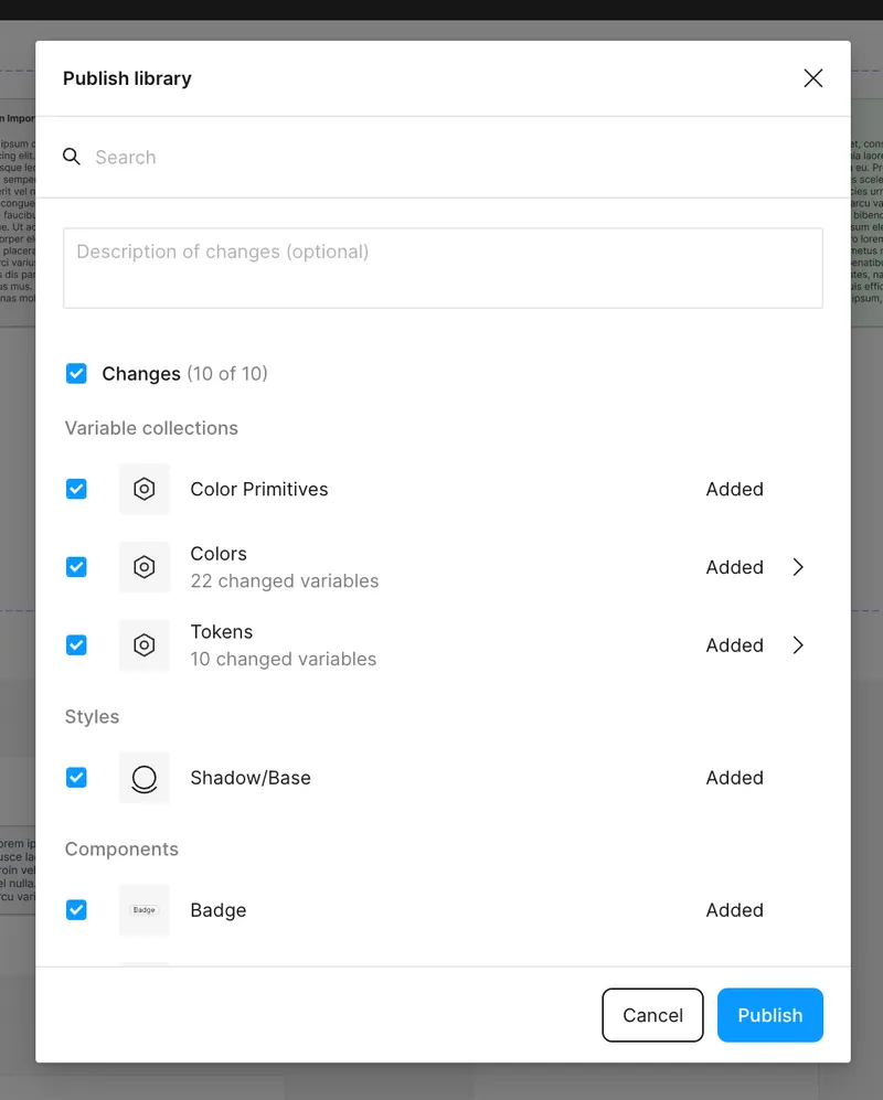 Figma's publish library dialog