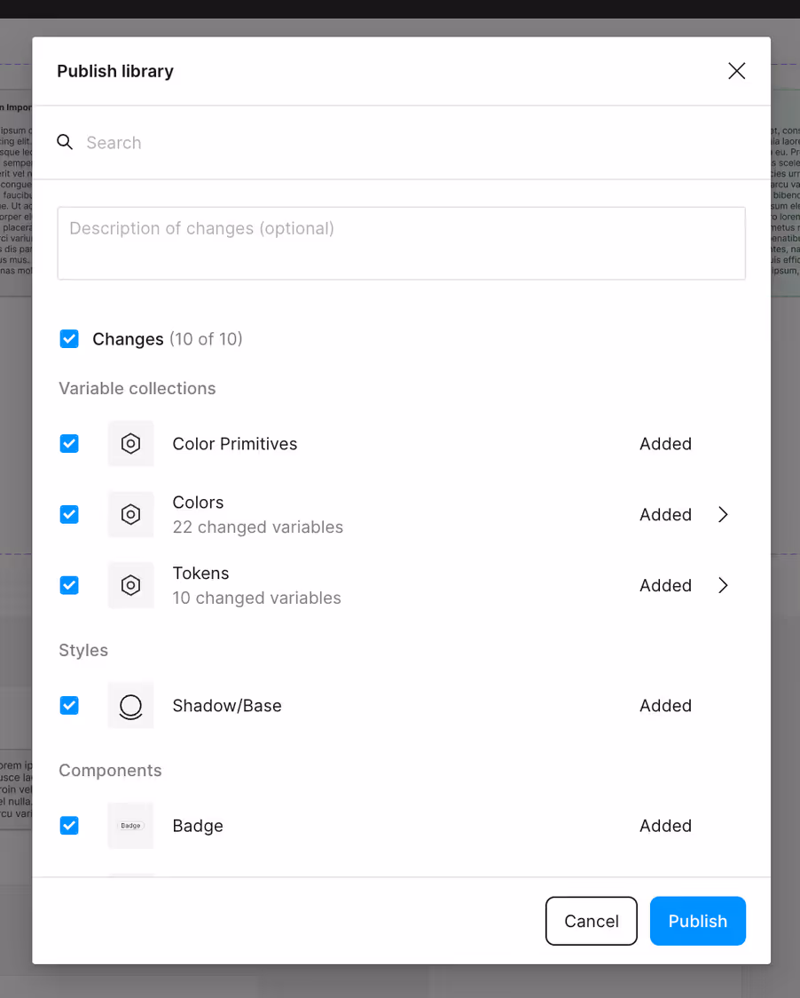 Figma's publish library dialog