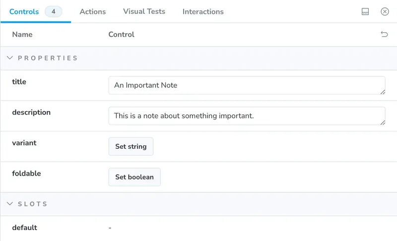 The controls in Storybook for the first draft of my component