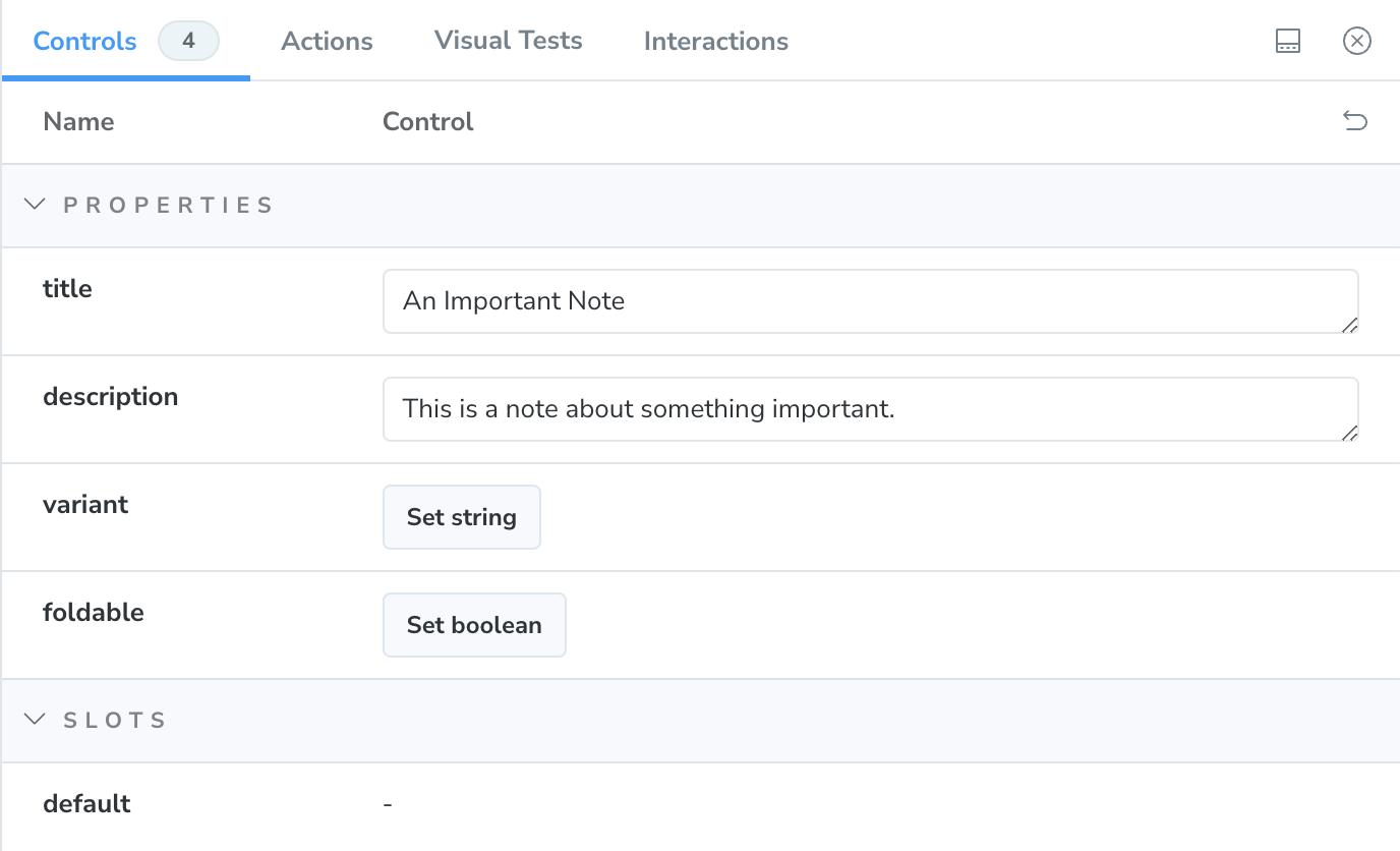 The controls in Storybook for the first draft of my component