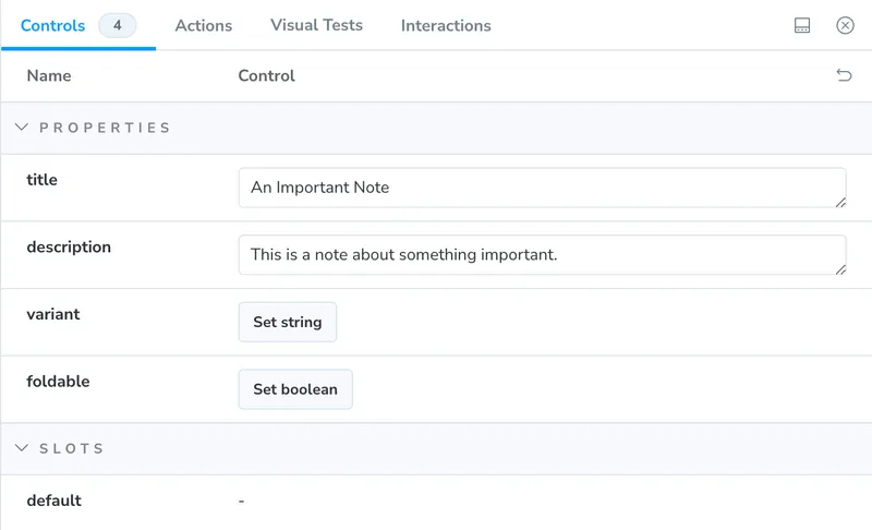 The controls in Storybook for the first draft of my component