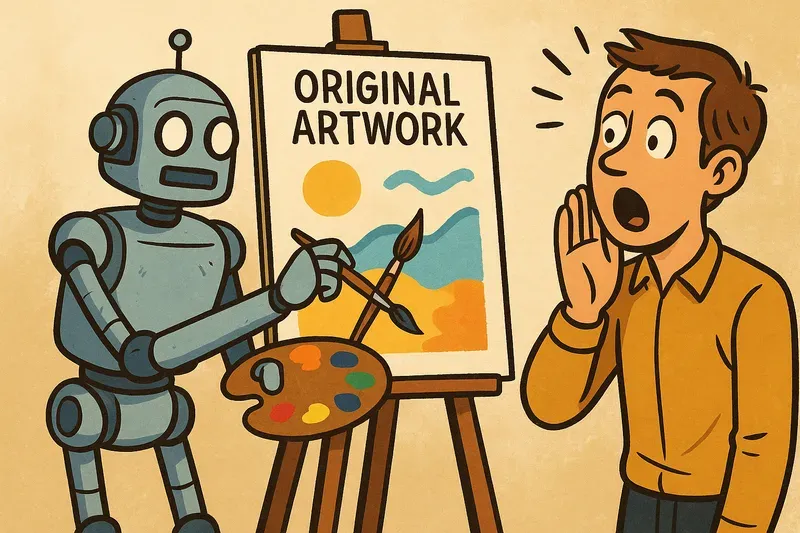 A robot artist in front of painting labeled 'Original Artwork,' with a human looking surprised.