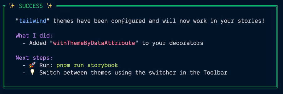 A notification from Storybook's CLI that the themes addon was successfully installed