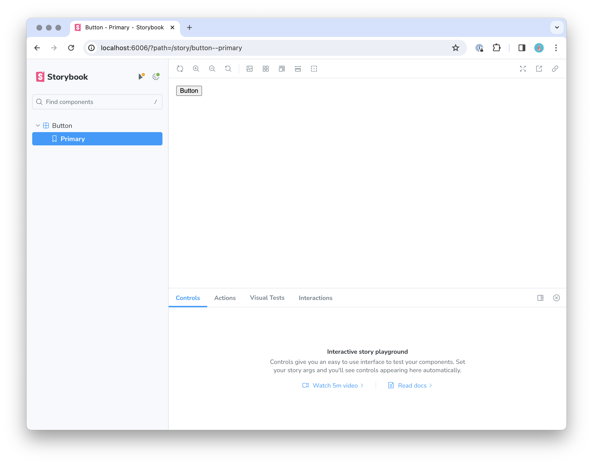 A basic button story in Storybook