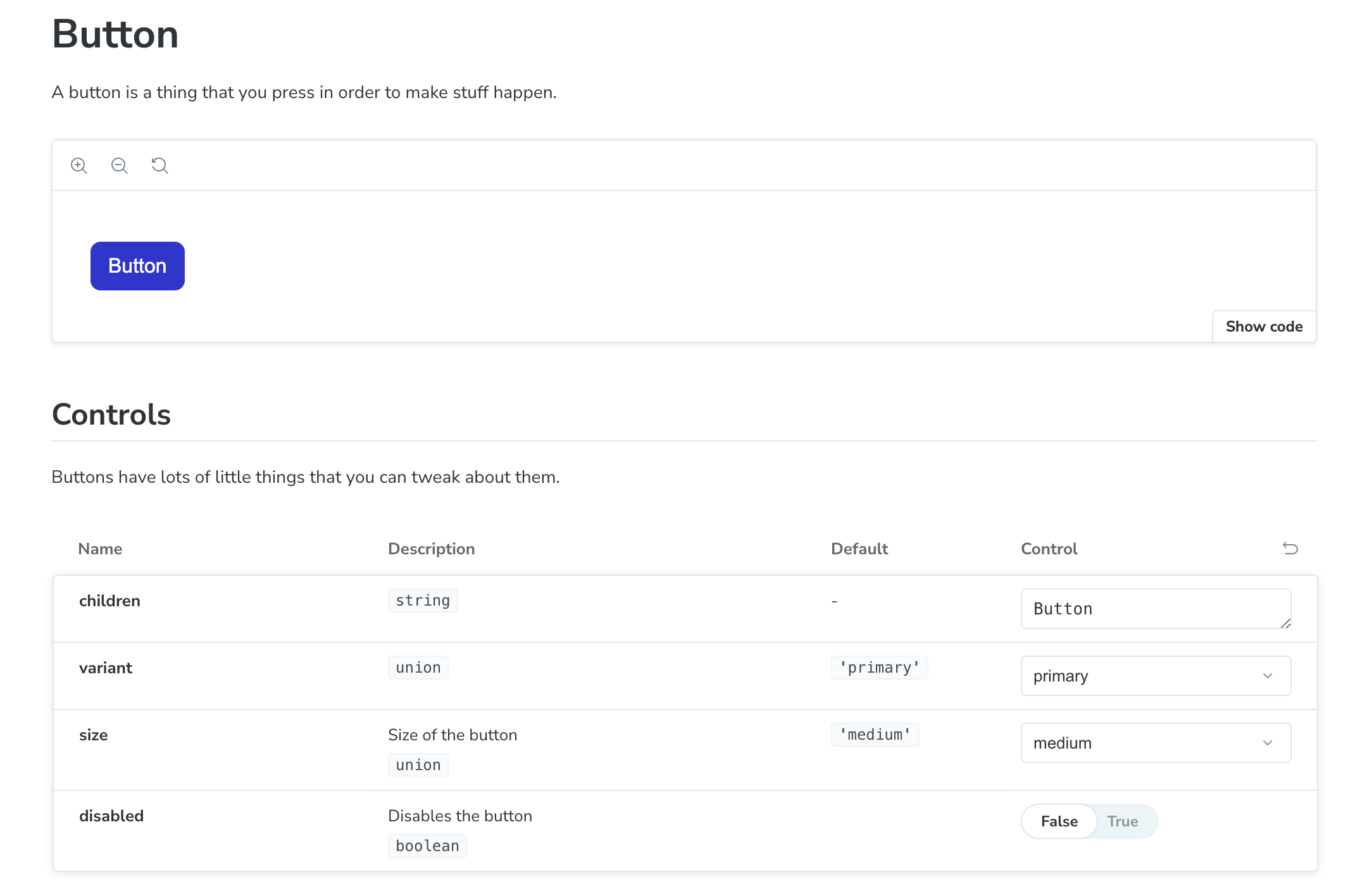 Button component documentation rendered in MDX