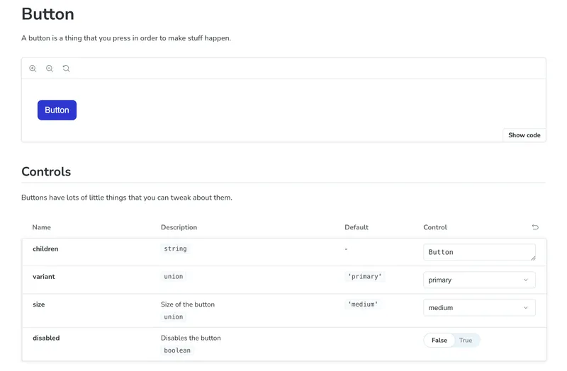 Button component documentation rendered in MDX