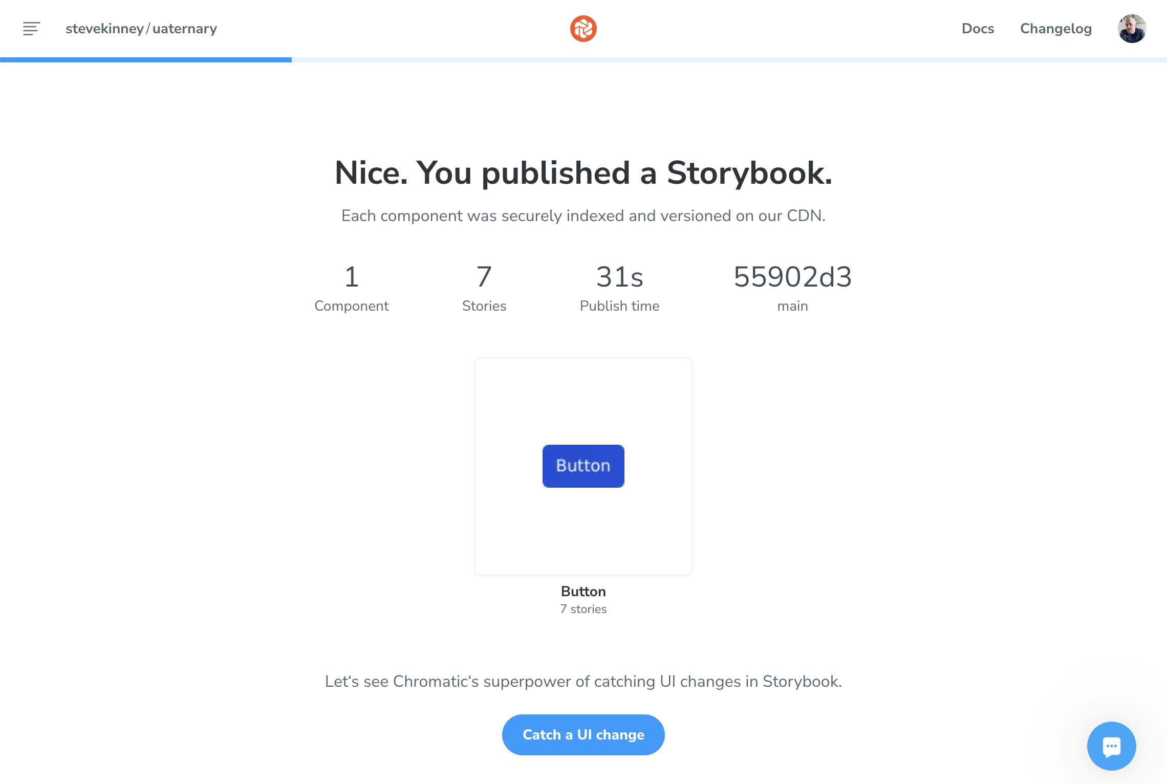Chromatic's success message upon publishing your first Storybook
